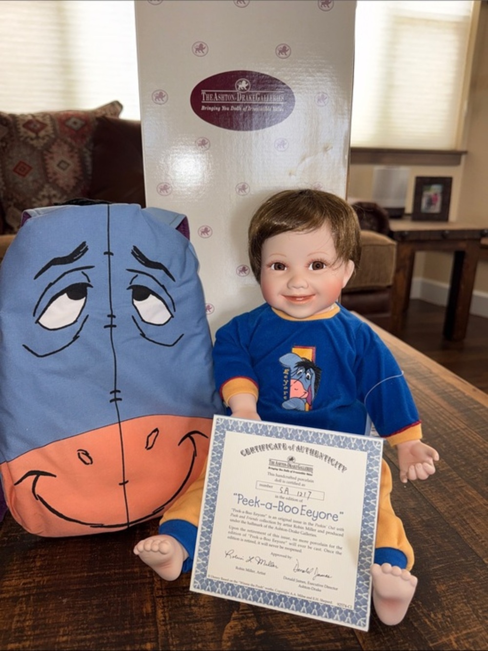 Ashton-Drake Galleries 'Peek-a-BOO Eeyore' Baby Doll in Blue & Orange Outfit